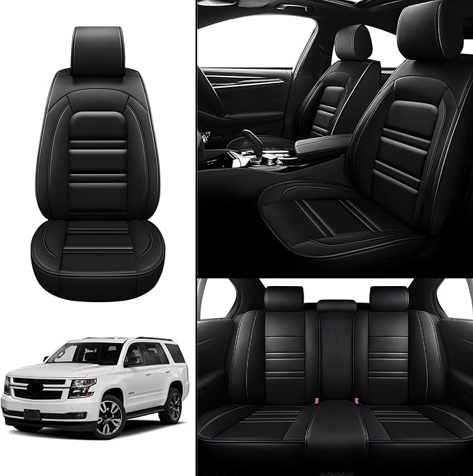 Seat Covers for Chevy Tahoe 1995-2025 | 5-Seats Leather Seat Covers, Easy to Install Automotive Seat Covers Full Set (Full Set, Black)