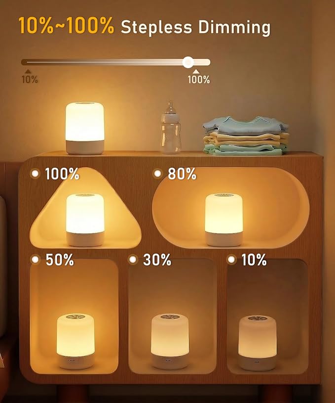 Portable Baby Night Light, Dimmable and 3 Light Color Touch Nursery Lamp, Soft Eye Caring, Rechargeable Cordless LED Night Light for Kids Adults