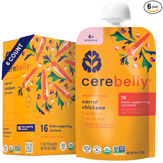 Cerebelly Organic Baby Food Pouches, Carrot Chickpea Purees, 16 Nutrients, No Added Sugar, Fiber & Non-GMO, 4oz, 6 Pack