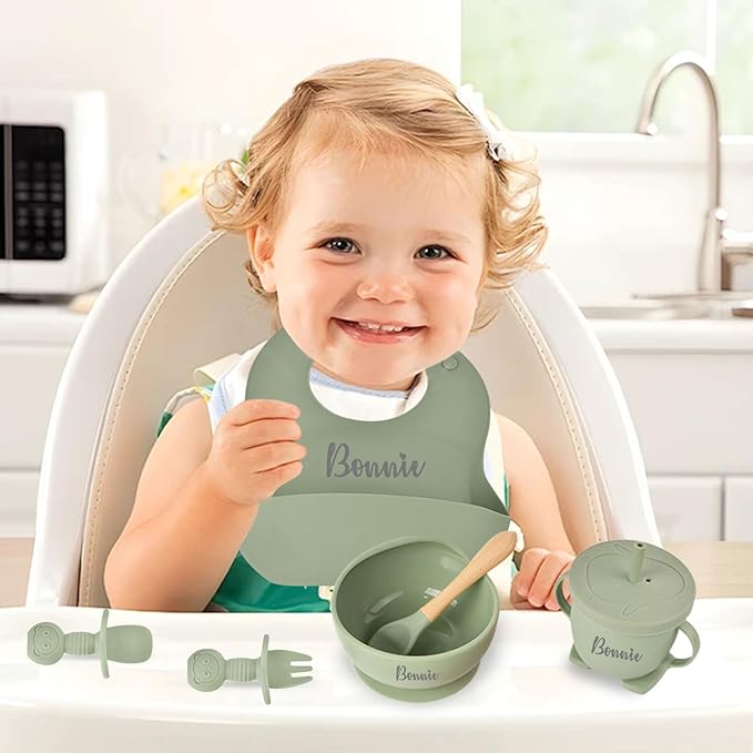 Personalized Silicone Baby Feeding Set with Name, Customized Baby Led Weaning Supplies Self Feeding Eating Utensils with Spoon, Fork, Silicone Suction Bowls, Cup, Plate Smoky Gray
