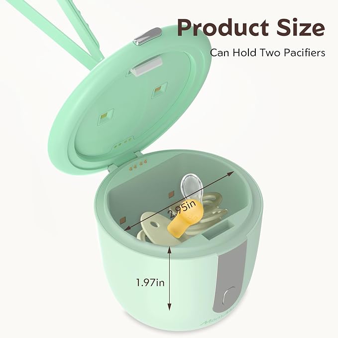 MomMed Portable Pacifier Sanitizer with Smart Display, Dual 60/180s Disinfection Modes, Auto Shut-Off, UV Pacifier Holder Case for Baby Pacifiers, Teethers, Bottle Nipples and More(Green)