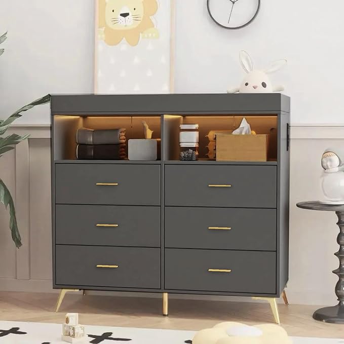 Changing Table Dresser with Drawers, Baby Dresser with Changing Table Top, Power Outlet, LED Light & Metal Feet, Diaper Changing Station Nursery Organizer for Infants Newborn (Grey)