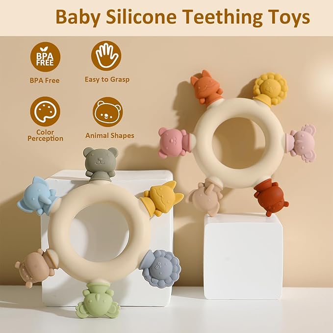 Baby Teething Toys 6-12 Months Teethers for Babies 3-6 Months Soft Cute Animals for Newborn Infants Food-Grade Silicone Baby Essential Chew Toys for Tiny Hands Easy Grip Teething Relief BPA Free