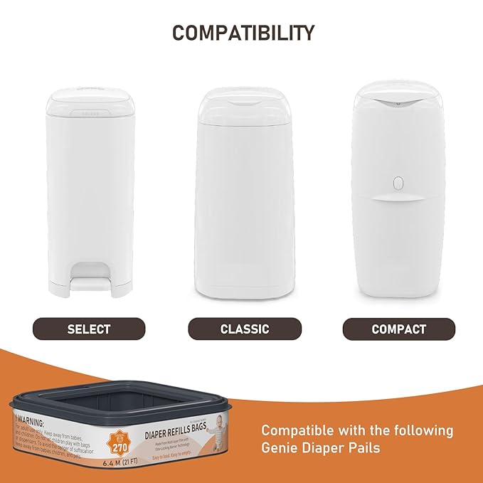 Standard Square Refills Disposal Bags Refill Compatible with Diaper Genie Compact, Classic and Select Pails, Hold Up to 270 Newborn-Sized Diapers Per Refill, 6 Pack