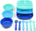Re-Play 3x3 Divided Toddler Plates and Utensils Set - Toddler Forks and Spoons Set - Dishwasher and Microwave Safe - Made in USA - True Blue