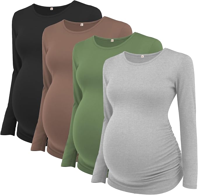 Ecavus Women's Maternity Shirts Long Sleeve Soft Stretchy Pregnancy Tops Side Ruched Casual Mama Clothes