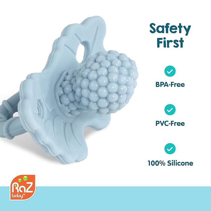 RaZbaby RaZberry Silicone Teether Pacifier – Teething Relief for Infants, Food-Grade, BPA-Free, Hands-Free, Natural Berrybumps Fruit Texture for Sensory Development, Freezable, 2-Pack - Green & White