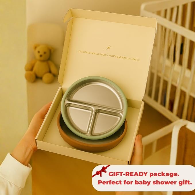 Stainless Steel Toddler Plate with Suction Set of 2, 8” Divided Plates with Removable Silicone Sleeves for Kids, Non Toxic & BPA Free | Non Slip | Unbreakable Baby Dishes, (Mocha Mousse & Sage Green)