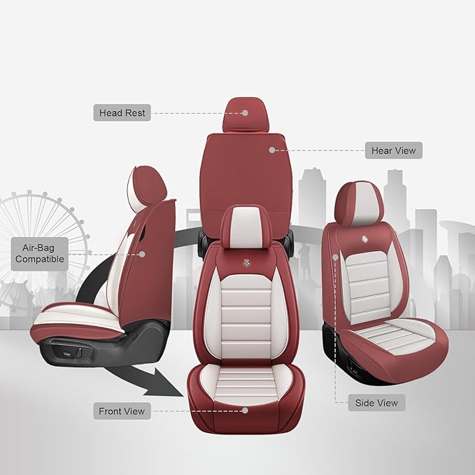 JOJ Car Seat Cover Fit for Toyota Highlander 2001-2025,7 Seat Car Seat Cover,No-Slip Waterproof Breathable Faux Leather Automotive Seat Covers Auto Interior Covers,Full Set,Cream Red