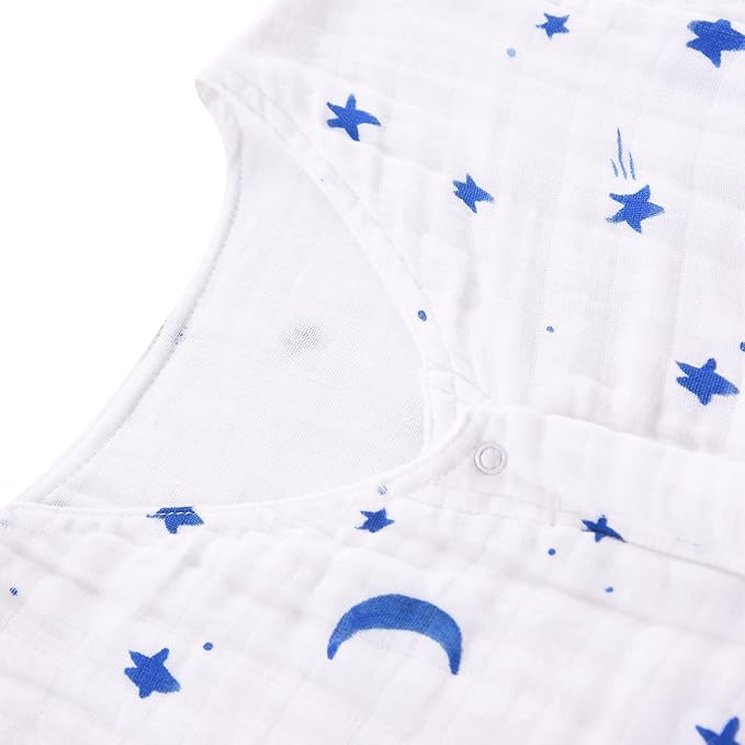 TADO MUSLIN Toddler Sleep Sack 2-4T, 0.5 TOG Lightweight Wearable Blanket for Baby, 100% Organic Cotton Muslin 4 Layers, Sleeveless Sleeping Bag, 2-Way YKK Zipper, OEKO-TEX Certified, Blue Star Moon