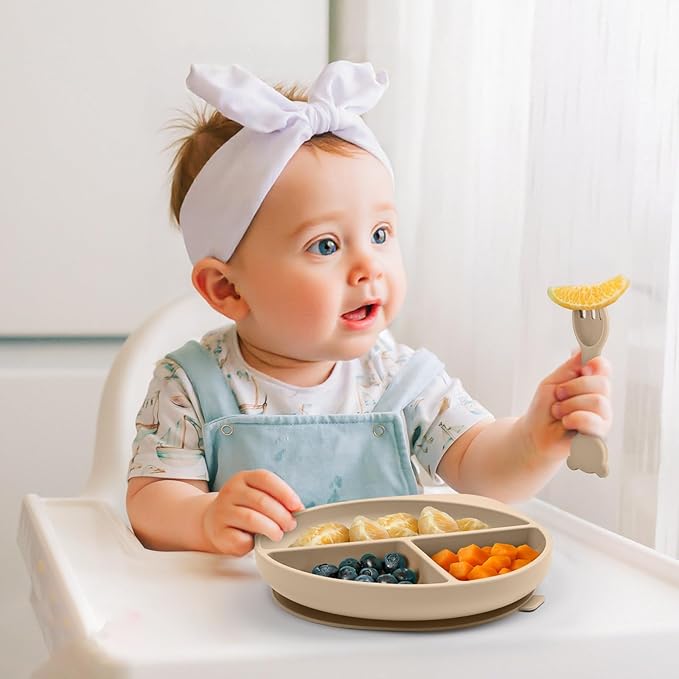 Silicone Baby Feeding Set Plates and Utensils Set for Baby Toddlers Infant Kids,forks and spoons baby plates with suction,baby spoons self feeding 6 months,baby feeding essentials (Beige)