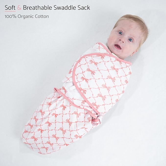 LollyBanks Baby Swaddles 100% Organic Cotton, 3-6 Months Baby Girl Swaddles with Easy Change Zipper, Swaddle Sack for Newborn Girls (Pink Bow Print)