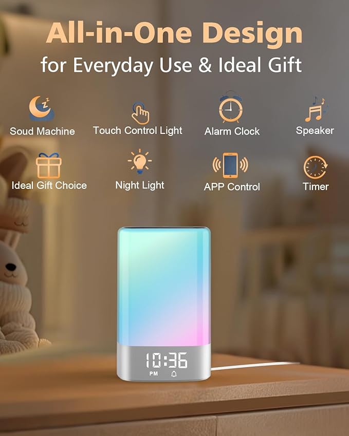 Sound Machine Alarm Clocks for Bedroom with 32 Soothing Sounds, White Noise Machine for Baby & Adults Sleep,Bluetooth Speaker & Night Light for kids,App Control,Timer, Gift for Teens,Girls,Boys,Women