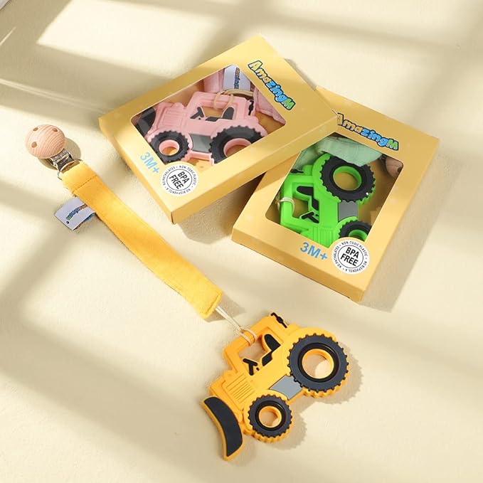 Baby Food Grade Silicone Car Teether Toy with Pacifier Clip Holder,Teething Pain Relief Toys Gift Set for 3 Months+ Boys and Girls,Freezer Safe,BPA Free (Bulldozer, Yellow)