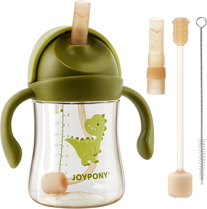 Sippy Cups for Toddlers 1-3, Spill Proof Weighted Straw Cup with Handle for Baby 6 Months + old, 2 Silicone Straws, PPSU, BPA Free, 9 oz (Green)