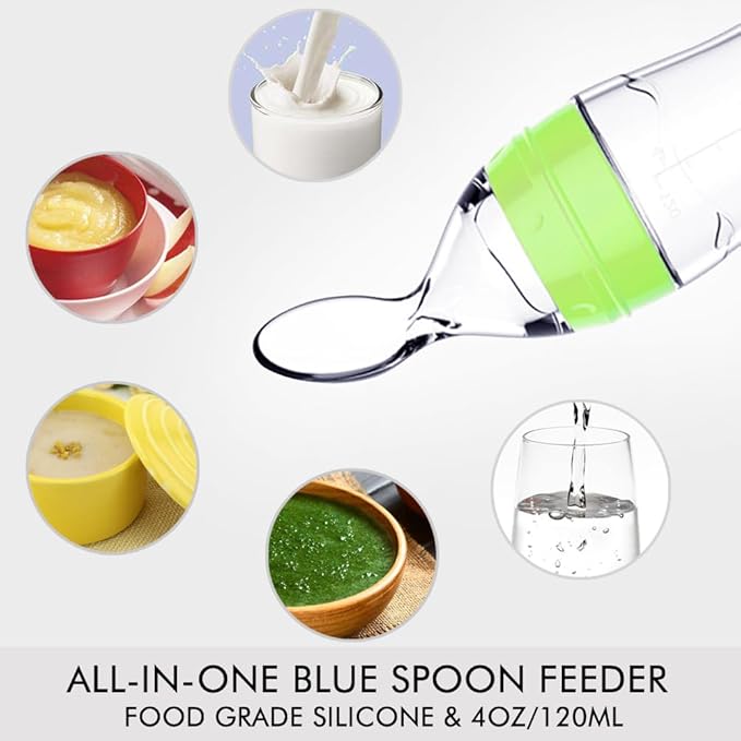 Matyz 2 PCS Silicone Baby Food Dispensing Spoon (Green, 4oz/120ml) Squeeze Feeder with Spoon - Spoon Bottle for Baby - Baby Spoon Feeder Bottle Baby Solid Food Feeder - Ideal for 4 Months+ Babies