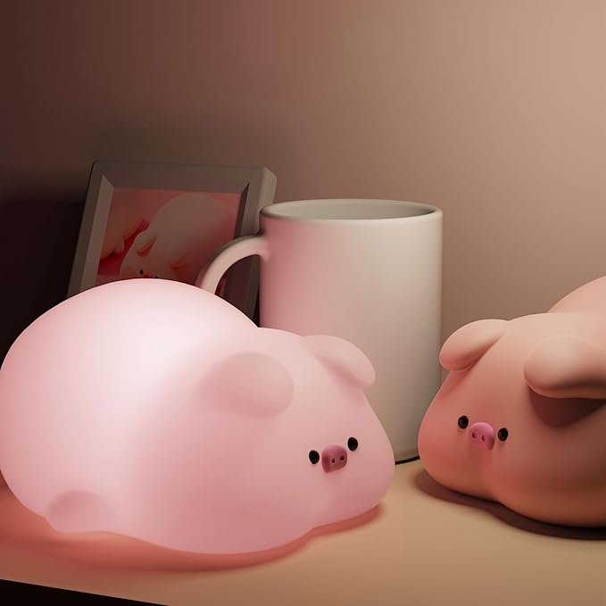 Cute Pig Lamp, Fun Lying Flat Pig Night Light, LED Squishy Animal Novelty Lamp, Light up Duck for Kids Great Gift, 3 Level Dimmable Nursery Nightlight Rechargeable Bedside Touch Lamp (Pig Lamp)