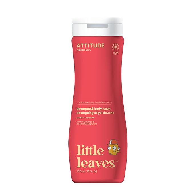 ATTITUDE Shampoo and Body Wash for Kids, EWG Verified Hair and Body Cleanser, Dermatologically Tested Soap, Plant and Mineral Based Bath Products, Vegan, Mango, 16 Fl Oz