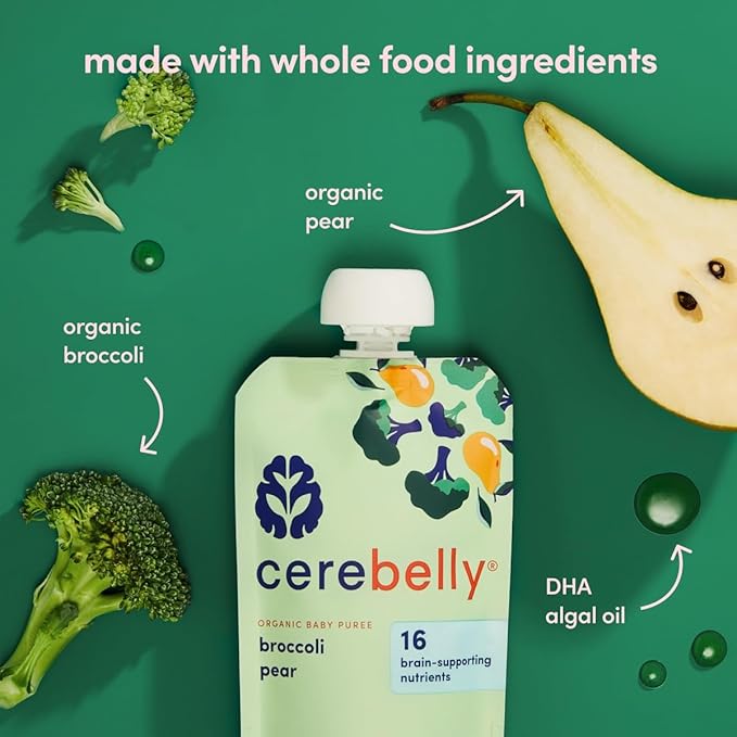 Cerebelly Organic Baby Food Pouches, Broccoli Pear Purees, 16 Nutrients, No Added Sugar, Fiber & Non-GMO, 4oz, 12 Pack