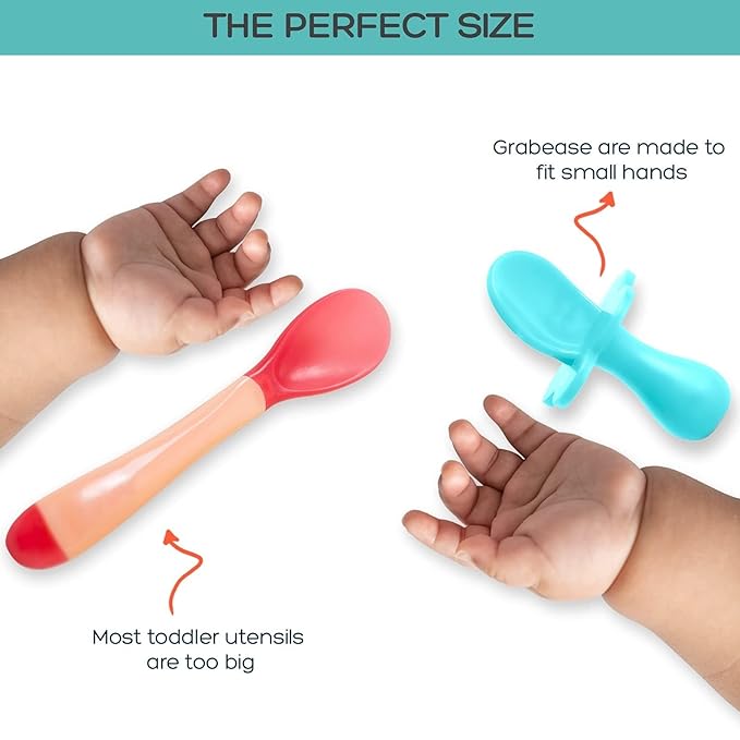 Grabease Baby Feeding Utensils - Anti-Choke Collar & Toddler Fork for Ages 1-3 - Easy-Grip Curved Handle Infant Spoon - Dishwasher-Safe Convenience & Baby Cutlery - Teal