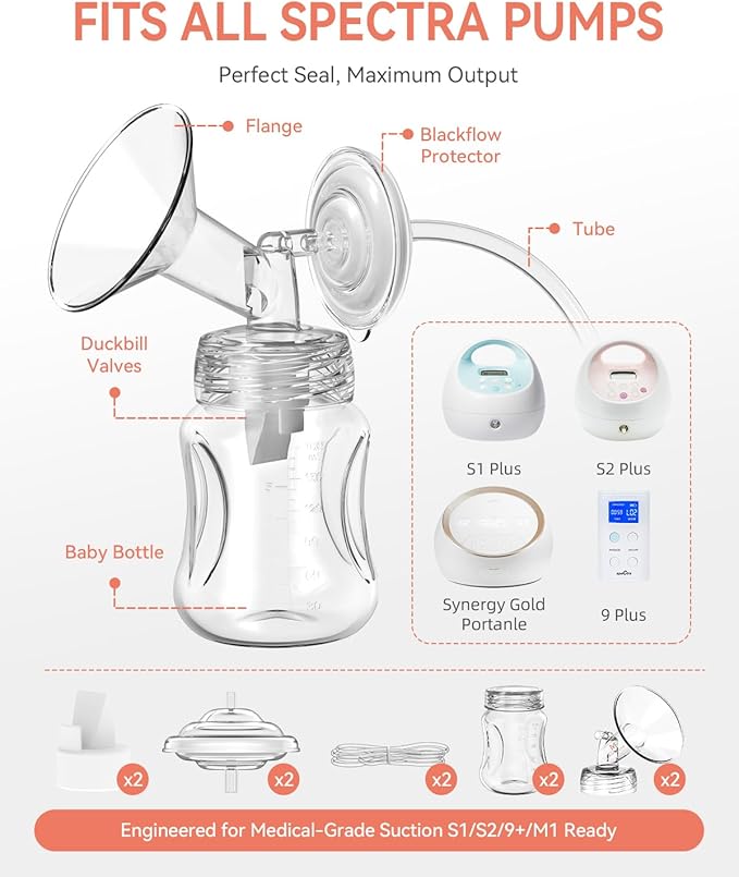 Breast Pump Parts Compatible with Spectra S1,S2,S9 Plus, Replacement Kit for Spectra Pump Parts 2PCS Include 14 mm Flange, Duckbill Valve, Tube,Bottle, Backflow Protector, Not Original Accessories