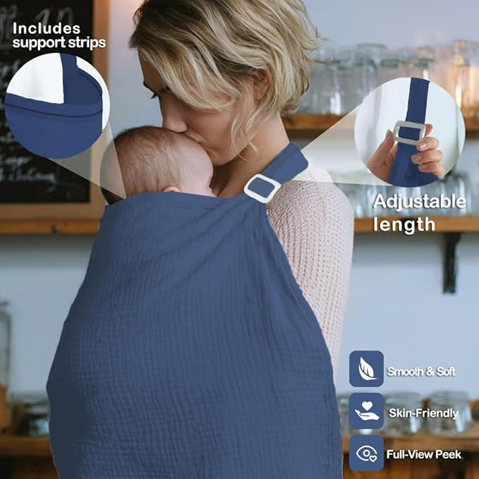 Muslin Nursing Covers for Breastfeeding, Arch Neckline Breast Feeding Covers for Women, Moms Privacy Breathable Summer Nursing Apron, 43.3" x 25.6" Soft Feeding Cover (Navy Blue)