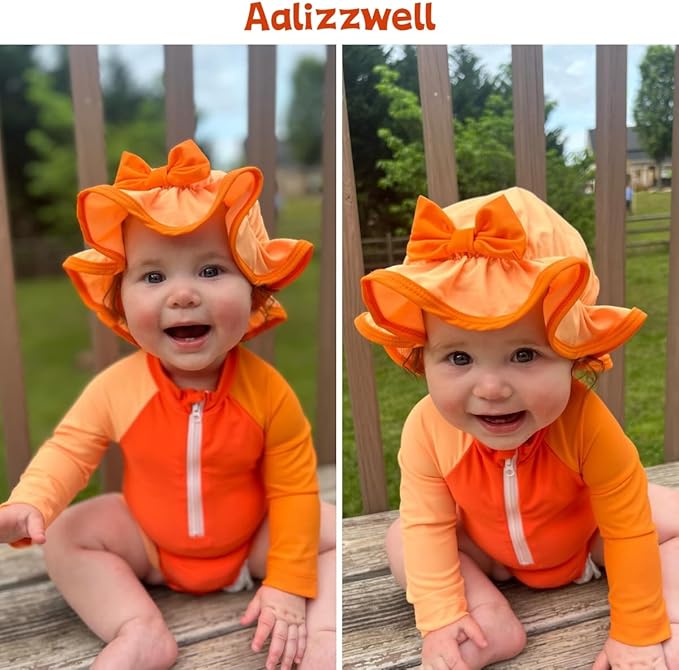 Aalizzwell Baby Girls Long Sleeve One Piece Swimsuit with Hat