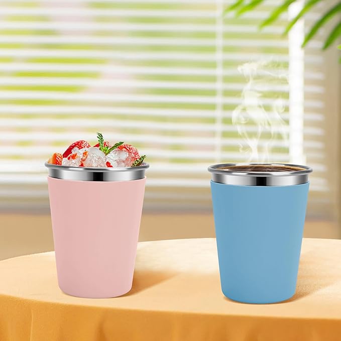 Kids Cups with Straws and Lids Leak Proof, 12oz Sippy Cups for Toddlers 1-3, 2 Pack Spill Proof Cup Stainless Steel Kids Cups with Lids for School, Outdoor (Blue & Pink)