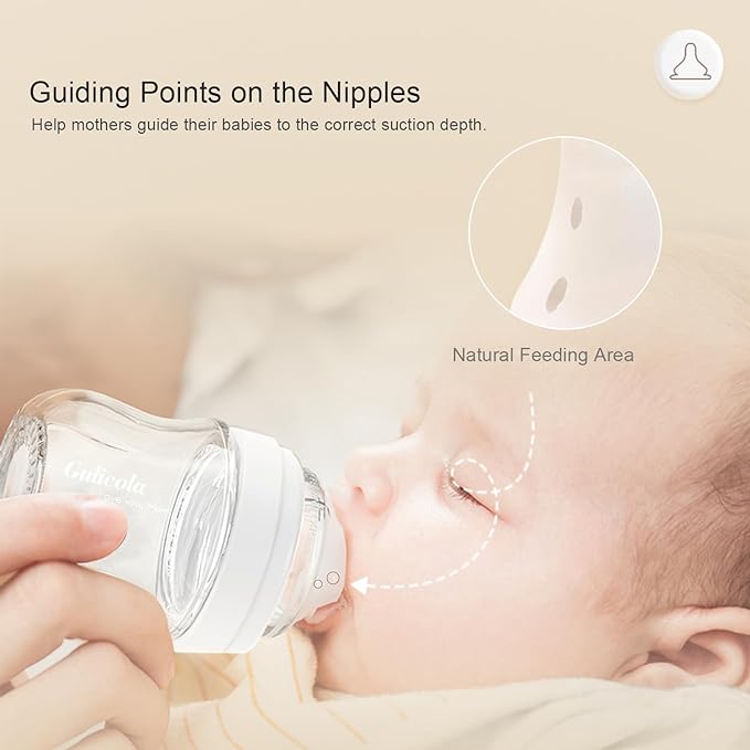 Gulicola Natural Glass Baby Bottle Newborn Set, 3 oz and 5 oz with Extra Slow Flow & Slow Flow Nipple, Anti Colic, 0-3 Months, 2 Pack - White