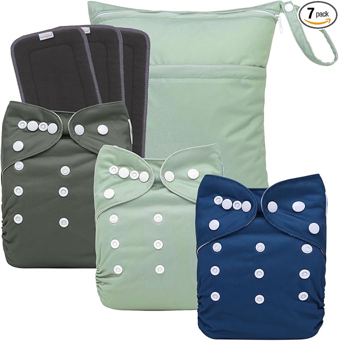 babygoal Reusable Charcoal Cloth Diapers with Double Gussets, 3 Pack Washable Baby Pocket Diapers with 3pcs Charcoal Inserts and Wet Dry Bag(Dark Grey,BeanGreen,Lake Blue)