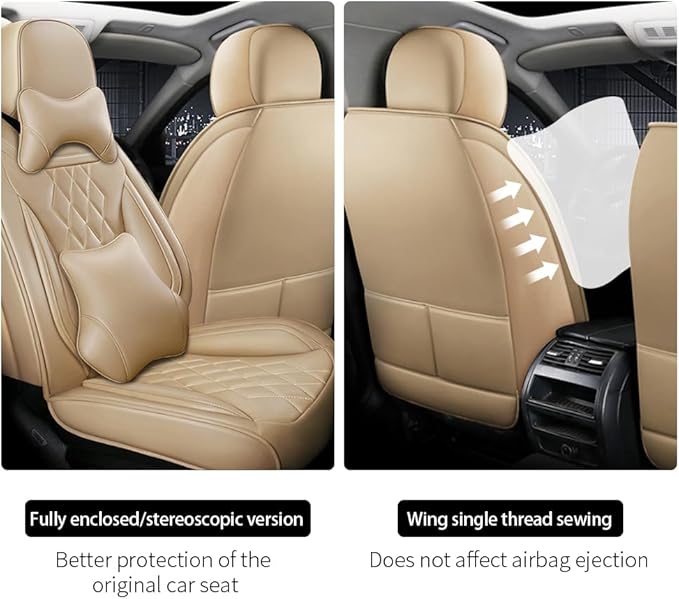 Leather Car Seat Covers for Volkswagen Atlas 2019-2023 Waterproof,Breathable and Non-Slip Napa Leather Car Interior Seat Covers,Comfortable and Durable,Easy to Install(5PCS,Luxury,Beige)