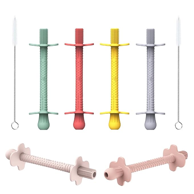 Baby Teething Straws, Silicone Tube Teethers for Babies 3+ Months, Shielded Hollow Infant Teether Sticks Toddlers Teething Relief Toys, Baby Chew Gifts 6 Pack (Rose Pink Lavender Mint Yellow Red)