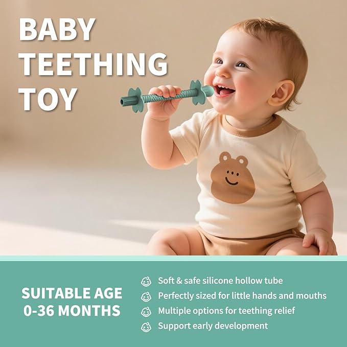 Baby Teething Tubes, Silicone Straw Teethers for Babies 3+ Months, Non-Choking Hollow Infant Teether Sticks Toddlers Teething Relief Toys, Baby Chew Gifts 6 Pack (Sand Clay DustyRose Brown Green Blue)