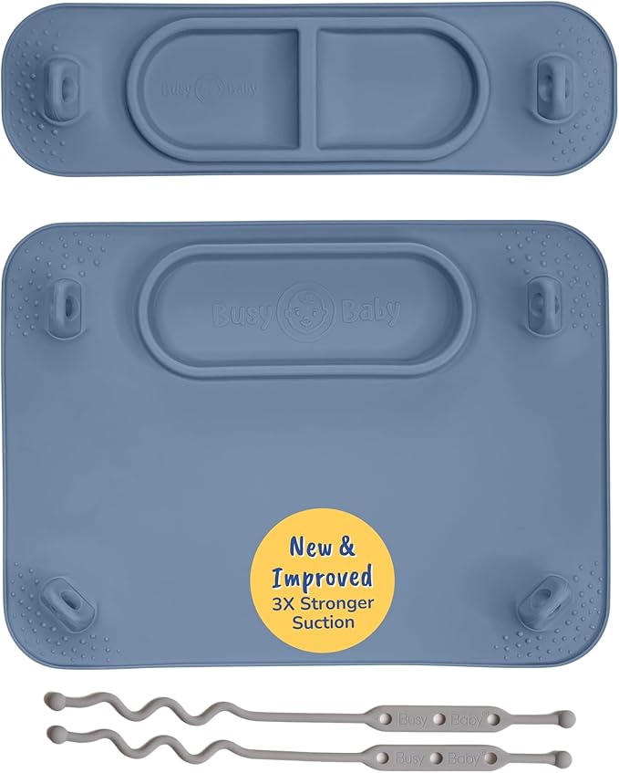 BUSY BABY Silicone Mat Bundle - 1 Original Mat Plus 1 Mini Mat, New Stronger Suction Cups, 6 Straps to Secure Baby Essentials and Keep Them Off The Floor, Baby Led Weaning, Wet Bag Included (Pewter)