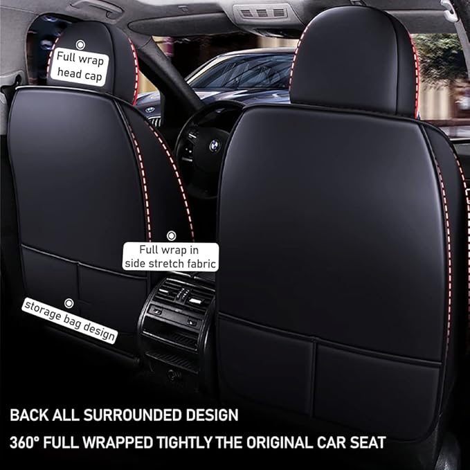 Luxury 2 Seats Car Seat Covers Protectors for Suzuki 1999-2025 95% Models, Back Storage Bag Design & Headrest Pillow & Lumbar Support Black & Red Line