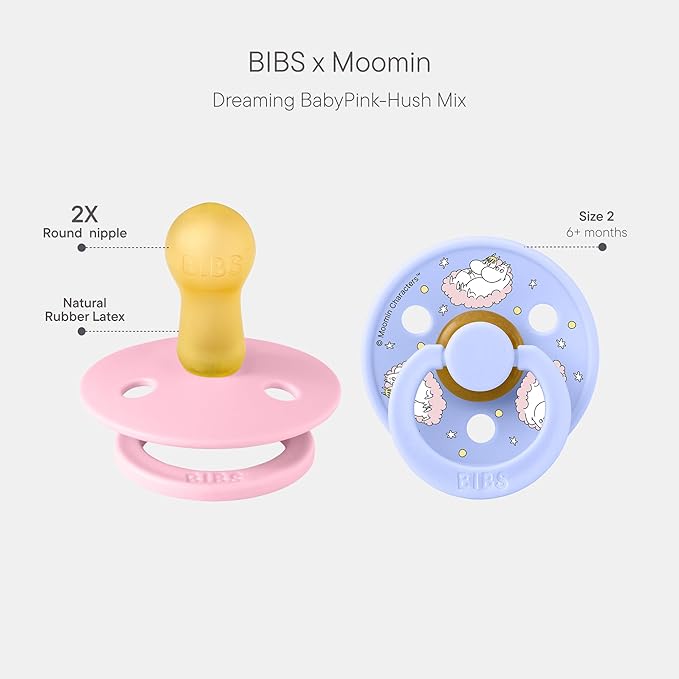 BIBS Colour Moomins Pacifier 2-Pack, BPA Free Pacifier, Round Nipple. Natural Rubber Latex, Made in Denmark, Size 2 (6-18 Months), Baby Pink/Hush