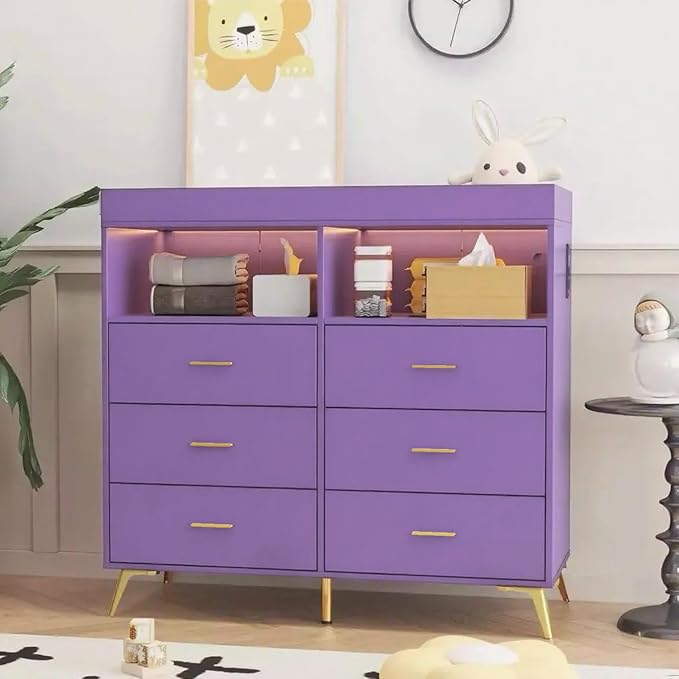 GarveeHome Dresser for Bedroom with 6 Drawers, Baby Changing Table Dresser with Changing Pad, LED Lights & Charging Station, Baby Changing Station with Changing Table Top