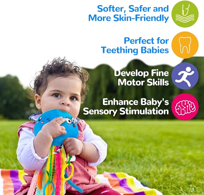 teytoy Sensory Toy, Texture Toys for Babies with Rattle, Autism Sensory Toys Jellyfish Shape Tactile Sensory Toys with 10 Textures, Baby Sensory Toys for 0-3-6-18 Months Soft Baby Toys with Teethers