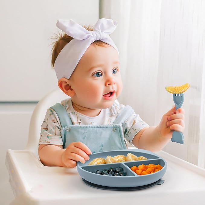 Silicone Baby Feeding Set Plates and Utensils Set for Baby Toddlers Infant Kids,forks and spoons baby plates with suction,baby spoons self feeding 6 months,baby feeding essentials (Blue)
