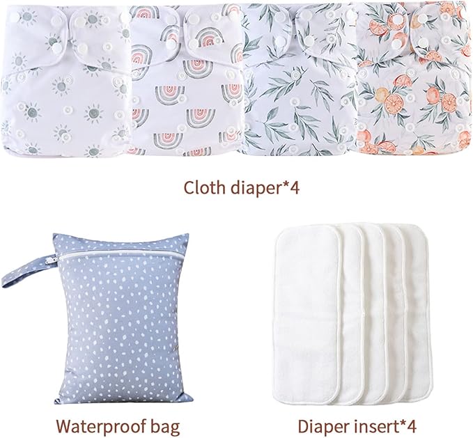 HappyFlute 9 Sets Newborn Baby Cloth Pocket Diapers One Size Adjustable Reusable for Baby Boys and Girls(6-33 pounds,0-3 Years),One Wet Bag+4Diapers and 4Inserts