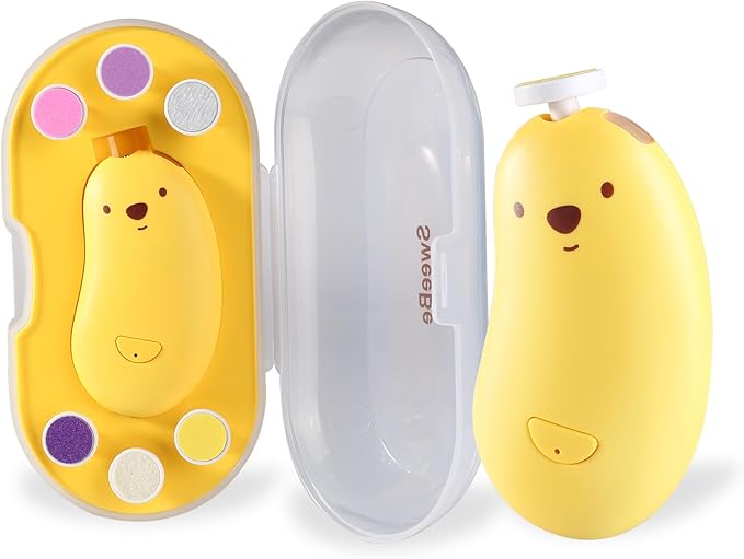Baby Nail File Electric, Gentle Rechargeable Nail Trimmer, Baby Nail Clippers Grooming Kit Manicure Set for Infant Toddler or Adults, 6 Grinding Head Replacement Pads Yellow