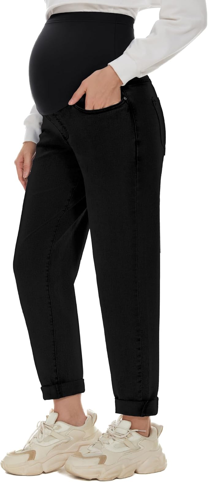 POSHGLAM Women's Maternity Jeans Over Belly Comfy Stretch 28'' Boyfriend Jeans Loose Pregnancy Pants, S-XXL