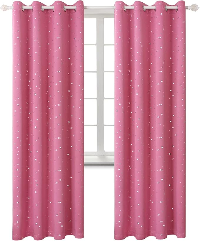 BGment Pink Star Blackout Curtains for Kid's Bedroom - Grommet Thermal Insulated Room Darkening Printed Curtains for Living Room, Set of 2 Panels, 52 x 84 Inch