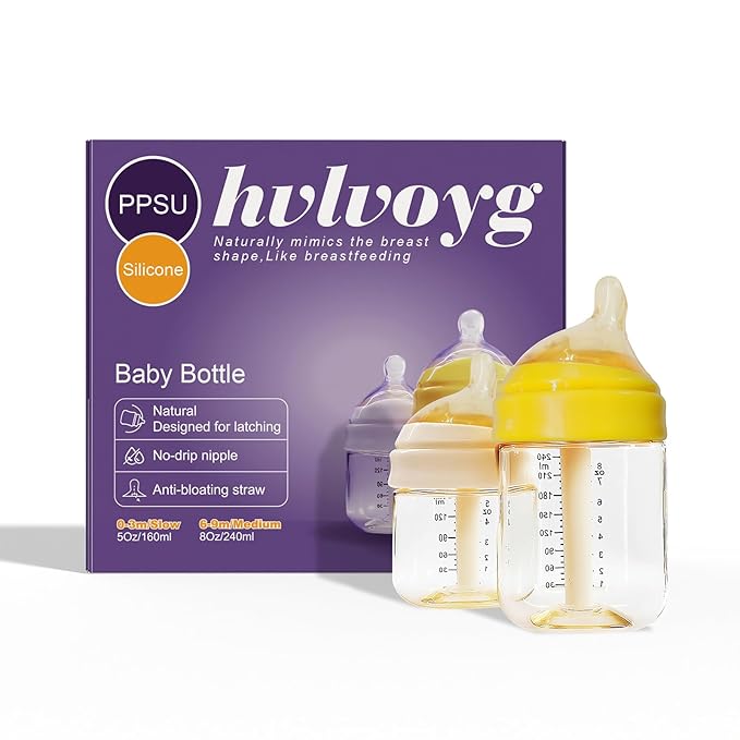 PPSU Nursing Baby Bottle, Newborn Bottles for Breastfeeding Babies, Anti-Colic, Natural Feel, Wide Neck Nipple﻿, Easy to Clean, Heat Resistant to 180°C/356°F, 5oz, 8oz, 0-6m(5 oz, 8 oz)