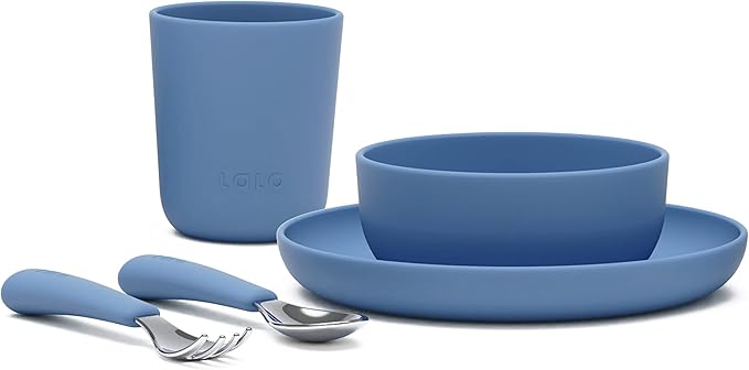 Lalo Big Bites Kids Dinnerware Starter Set - Dishwasher Safe, BPA Free, Kids Tableware Set - Includes Stackable Bowl, Plate, Utensils & Cup - 5 Pieces - Blueberry