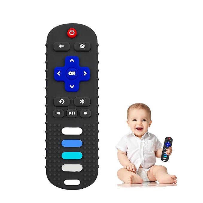 Baby Teething Toys, Food Grade Silicone Teether for Babies 3 6 12 18 Months, TV Remote Shape Toddlers Chew Toys, Freezer BPA Free (Black RC)