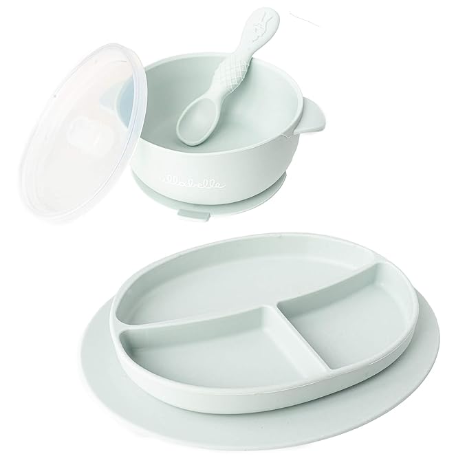 Ullabelle Toddler Plates & Bowls Complete Set w/Spoon - BPA Free 100% Food Grade Silicone - Microwave & Dishwasher Safe Baby Suction Plate, Bowl w/Lid, & Spoon - (Sage)