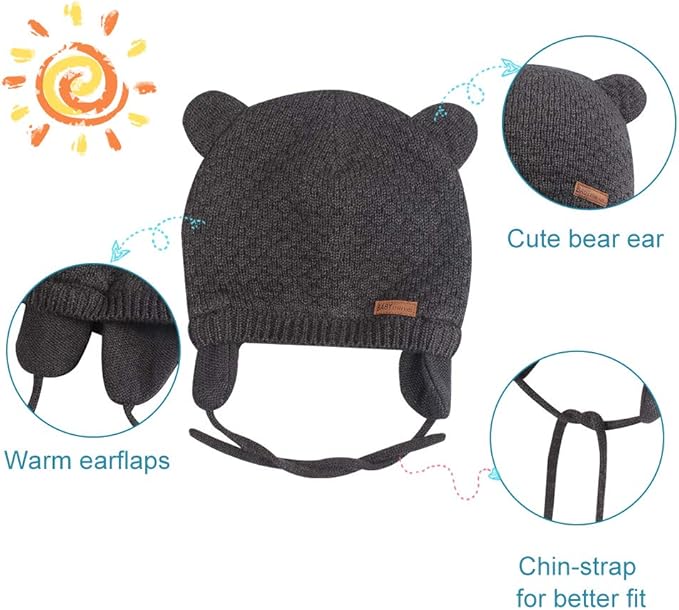 BAVST Baby Beanie Hat for Winter with Earfalp Cute Bear Kids Toddler Girls Boys Warm Knit Cap 0-2Years