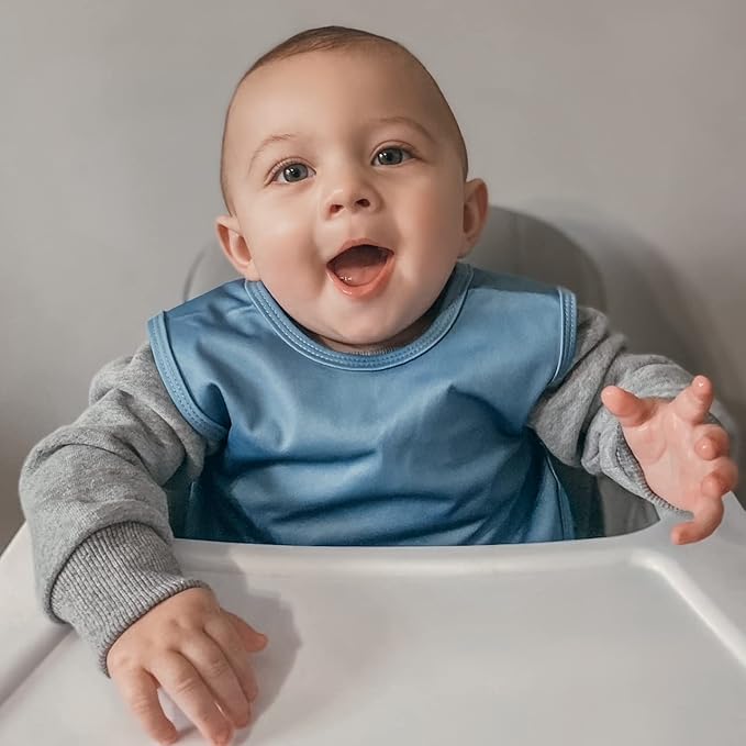 BapronBaby Minimalist Dusty Blue Bapron - No Neck Tie Safer Bib for Baby & Toddler - Soft Waterproof Stain Resistant - Machine Washable - Sz Baby/Toddler 6m-3T