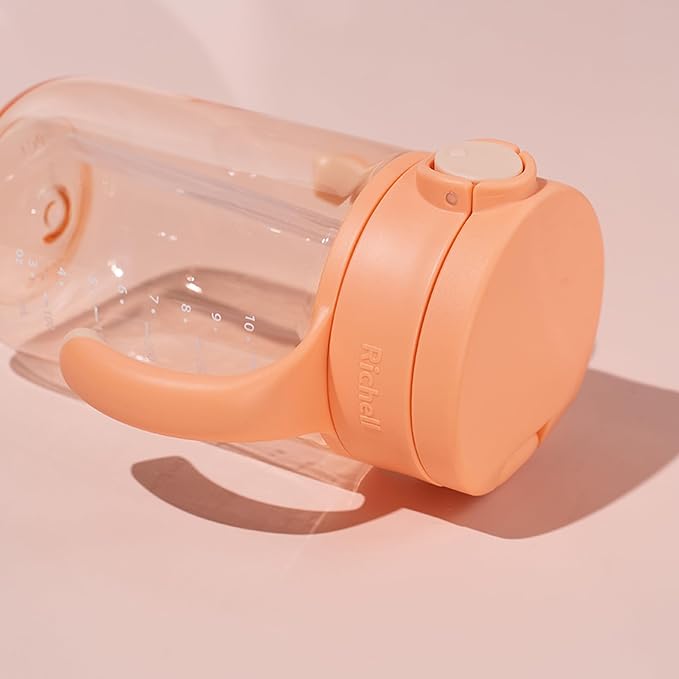 Richell On-the-Go Sippy Cup with Silicone Straw and Removable Handles, 10 oz, Easy Grip for Infant-Toddlers Peach